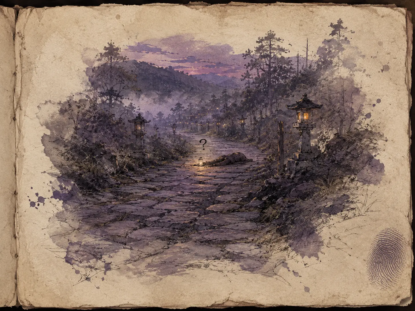 Murasaki's illustrated field note showing the lantern road and the unconscious traveler