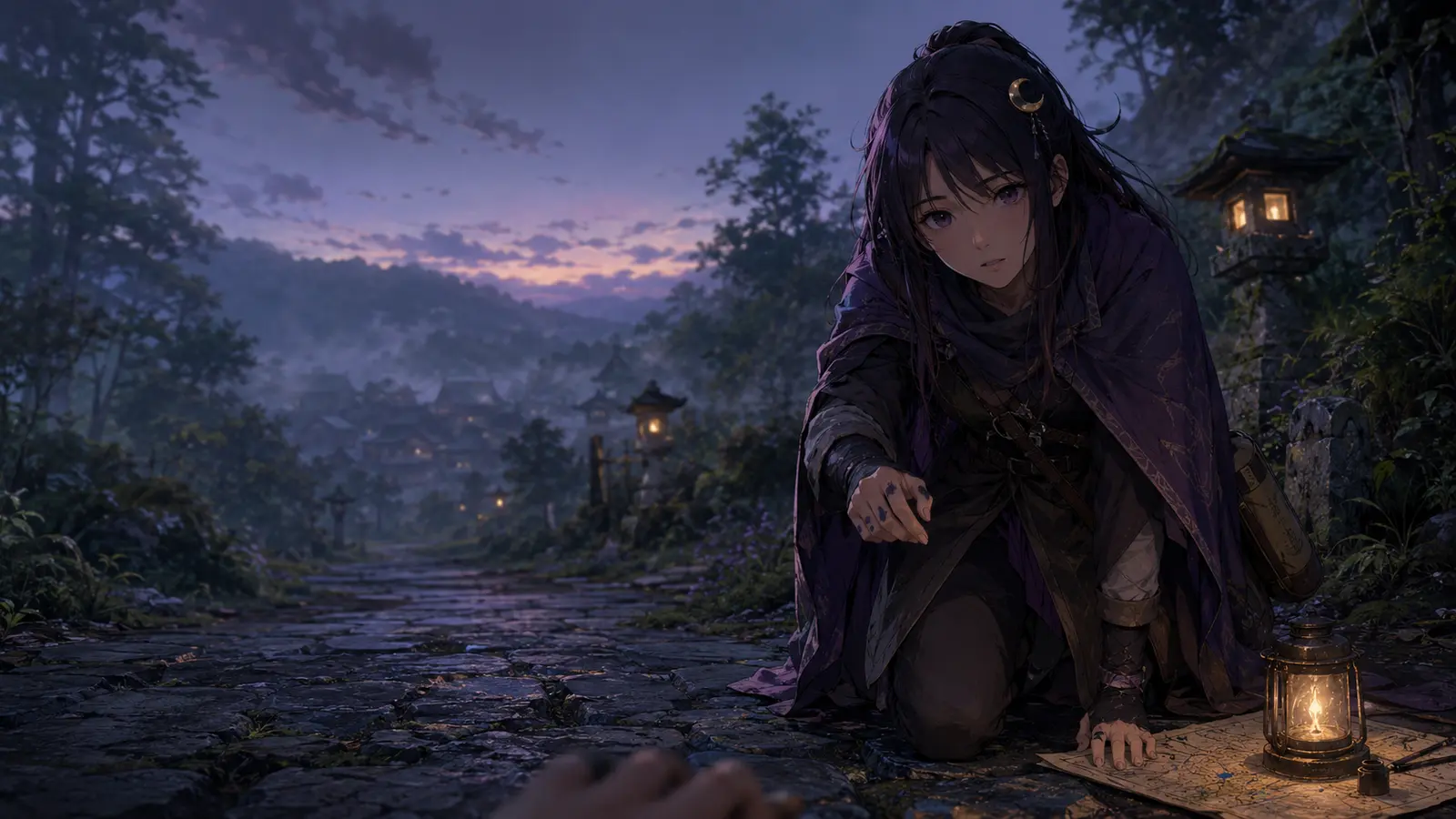 Murasaki finds the newly arrived traveler on the lantern road