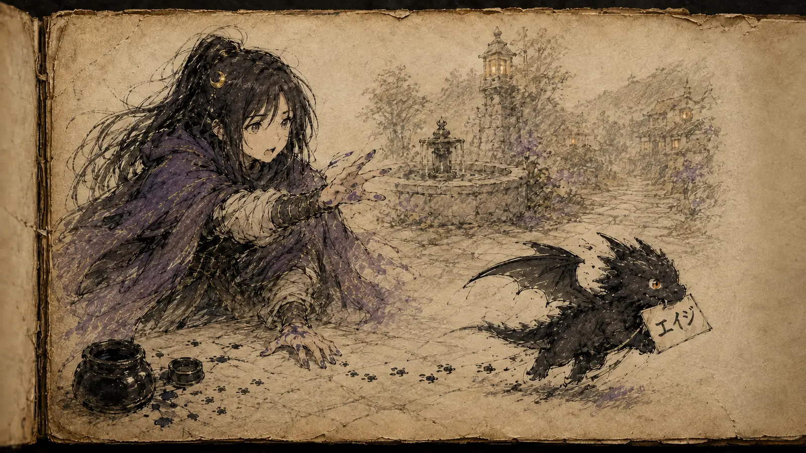 Murasaki's illustrated field note with her portrait and the tiny dragon messenger