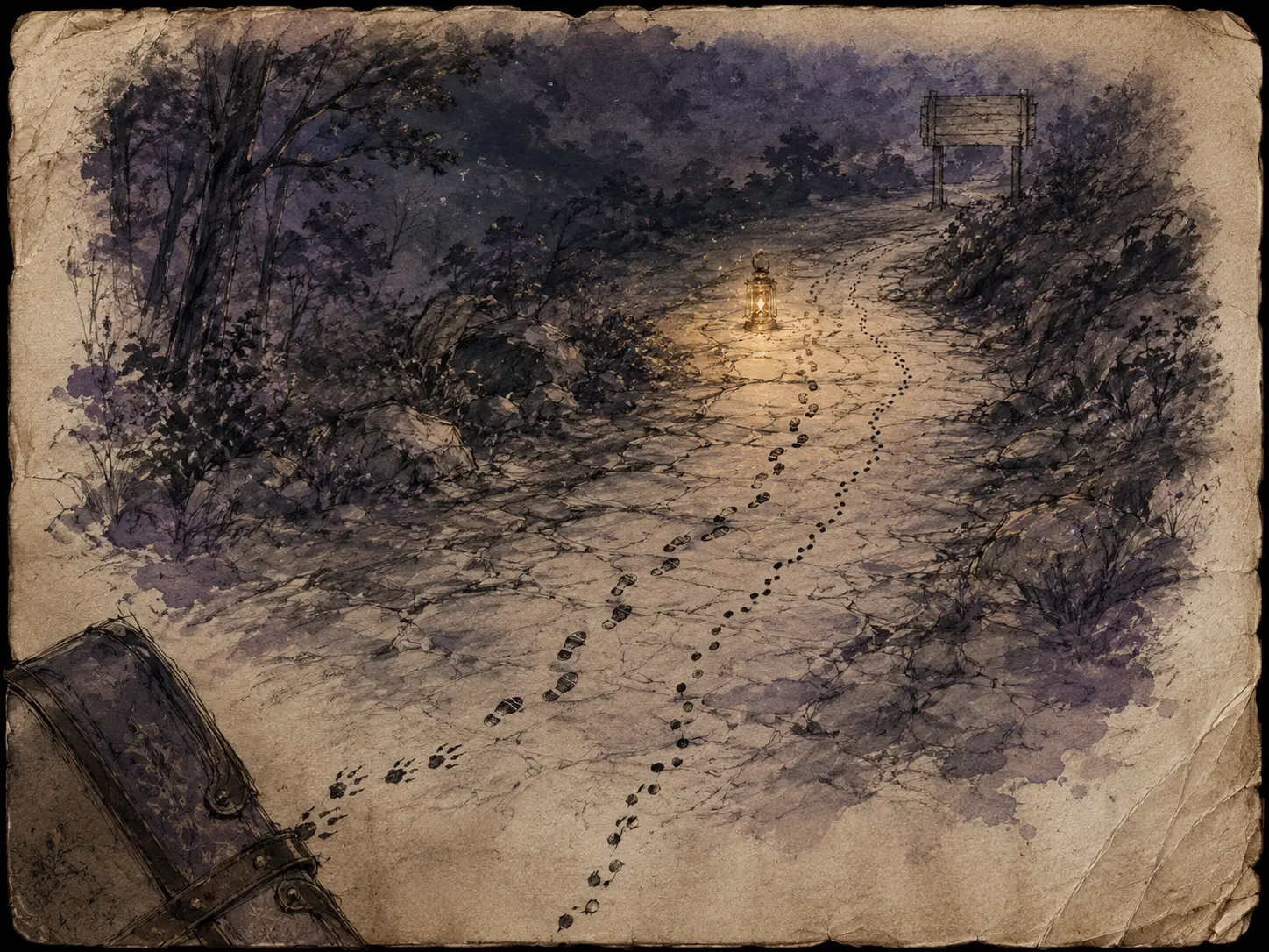 Murasaki's illustrated field note showing two trails of footprints following the lantern