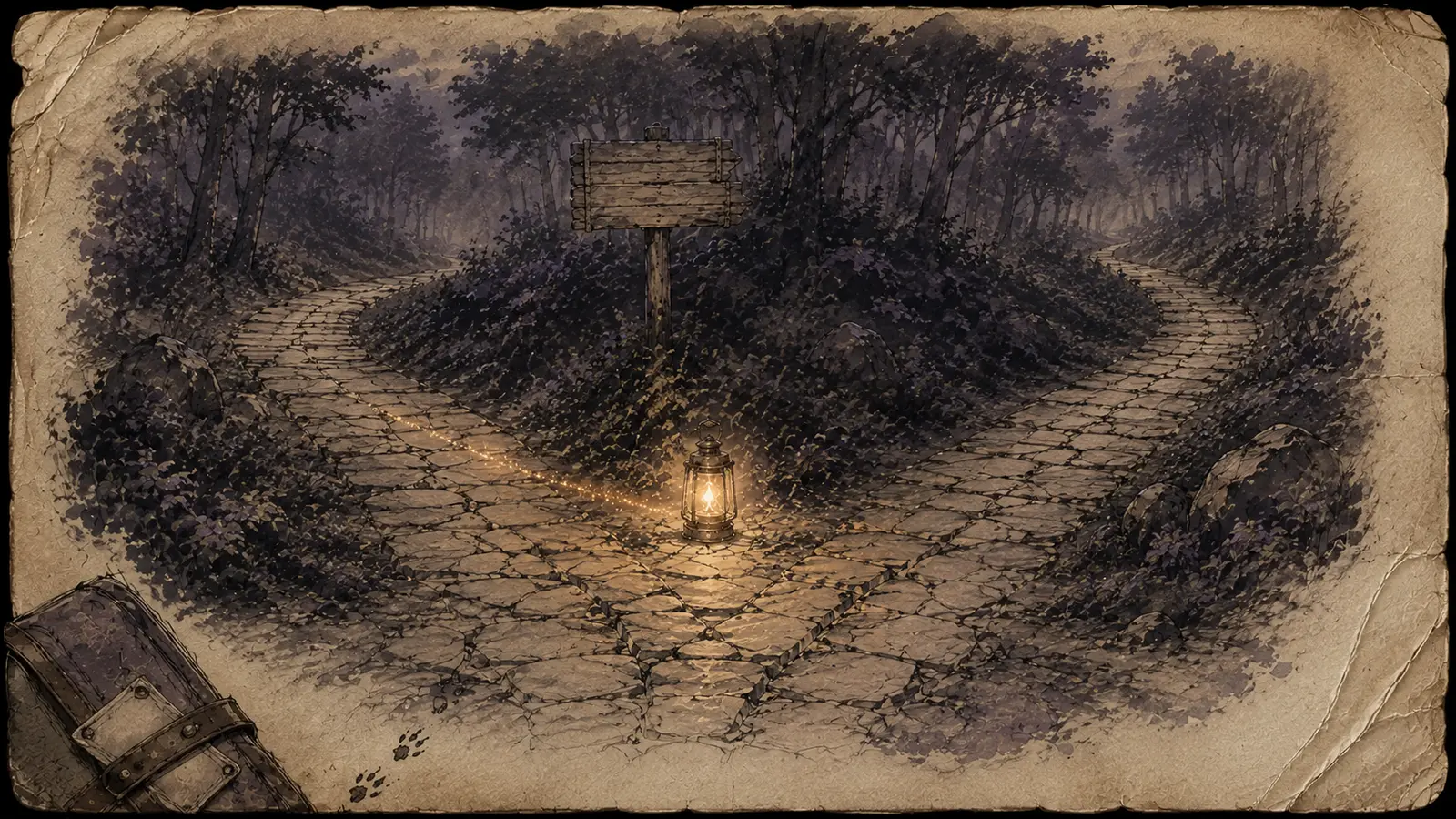 Murasaki's illustrated field note showing two trails stopping at an extinguished lantern and unexplained footprints beginning farther up the road